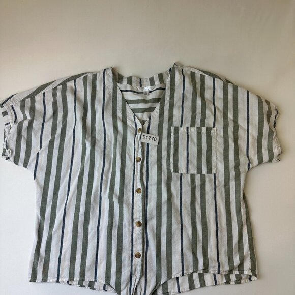 Time and Tru Shirt Womens 2XL White Green Striped Button Tie Front Short Sleeve - Picture 2 of 10